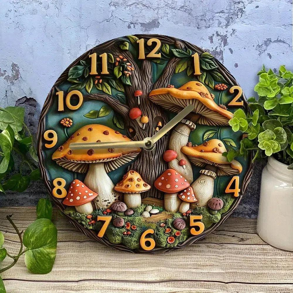 Enchanted Forest Wooden Wall Clock - Whimsical Mushroom & Floral Witchy Wall Clock-MoonChildWorld