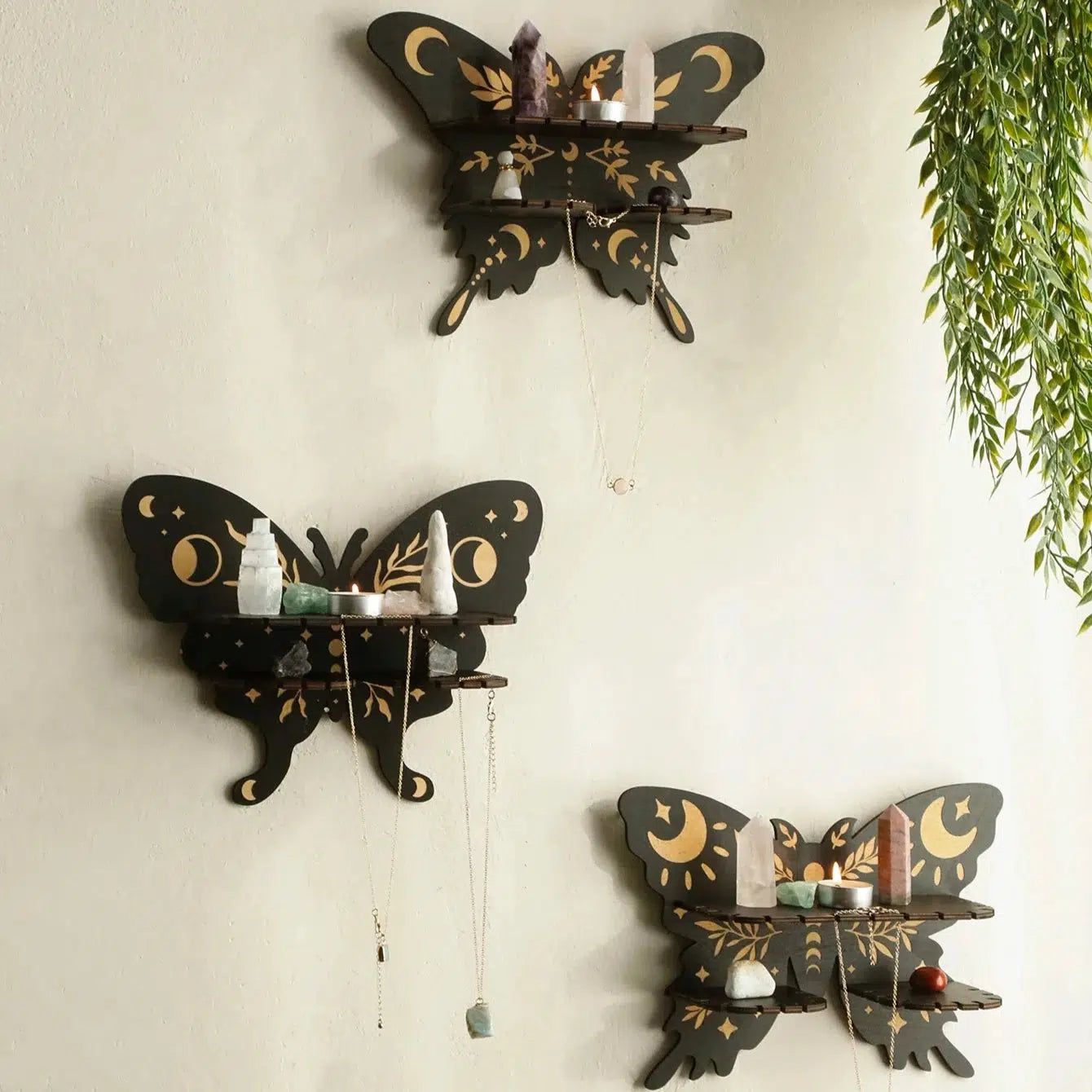 Butterfly Crystal Shelf Wooden Wall shelf for Essential Oil Witchy Home Decor-MoonChildWorld