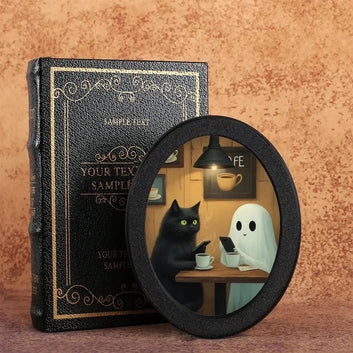 Ghost and Black Cat Spooky Wooden Oval Frame - Gothic Oval Wall Art - Halloween Wall Decoration