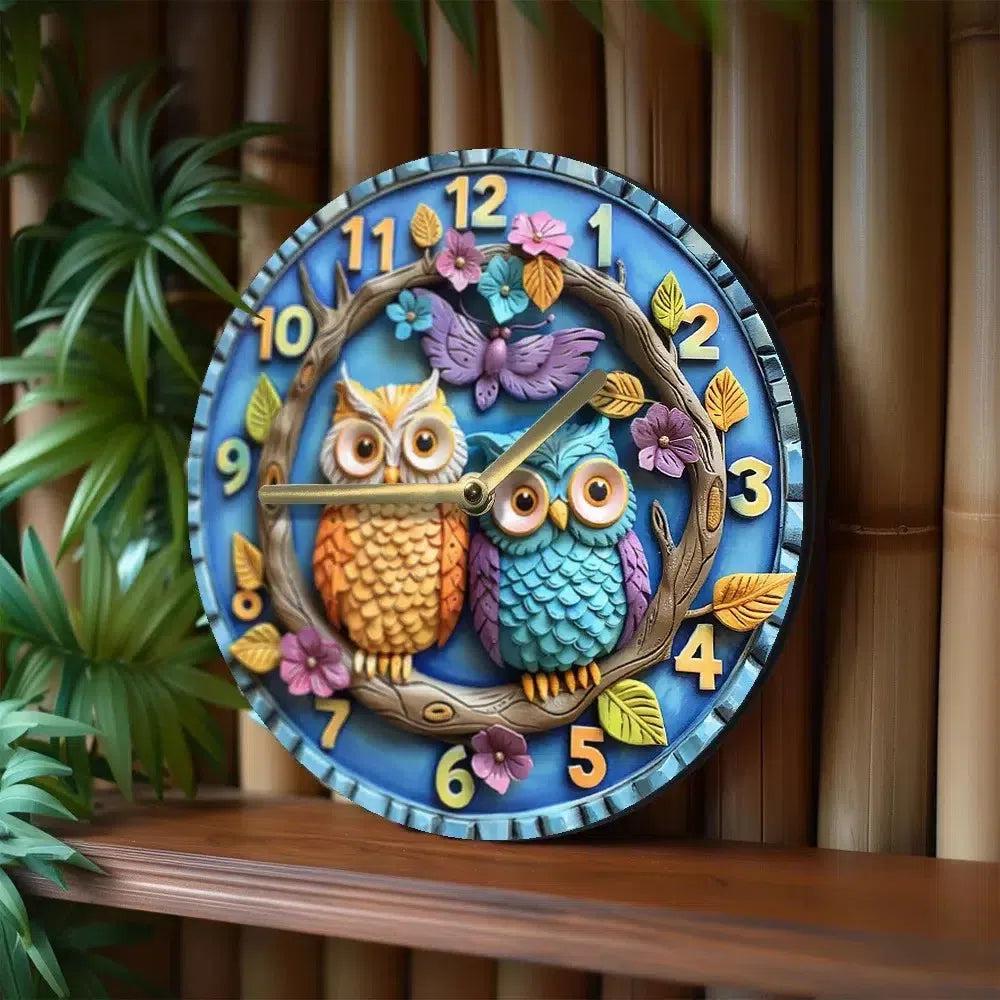 Wooden wall clock with cute owls and floral - Owl home decor-MoonChildWorld