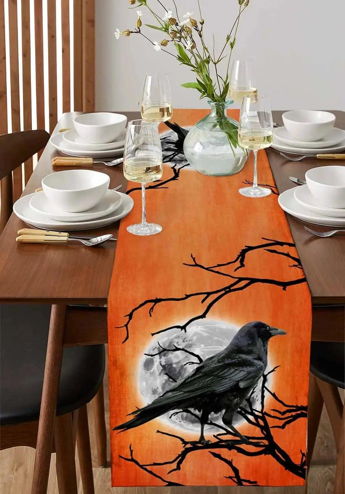 Moon Branches Crow Gothic Table Runner for Halloween Table Decor - Witchy Raven Table Runner-MoonChildWorld