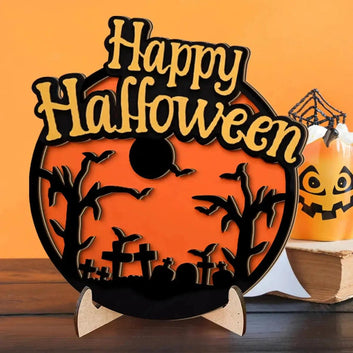 3D Halloween Witch Ornament Wooden Stand - Creepy Cemetery & Bat Scene