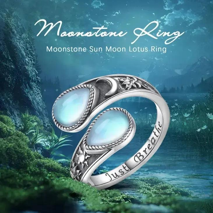 925 Sterling Silver Moonstone Sun Moon Pagan Ring Just Breathe Wicca Healing Jewelry-MoonChildWorld