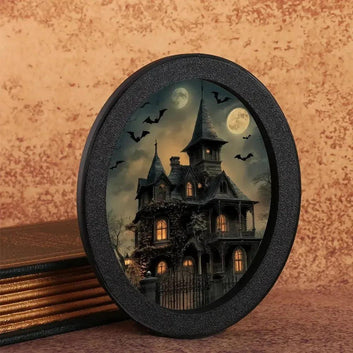 Moon Bats & Haunted House Witch Wooden Oval Frame - Gothic Oval Wall Art - Halloween Wall Decoration