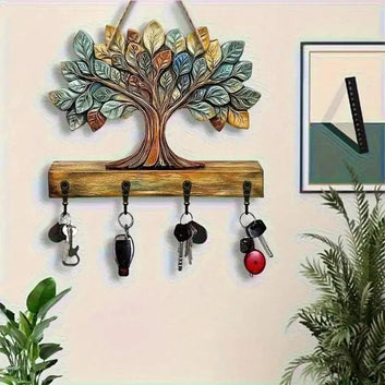 2D Spirit Tree of Life Wooden Key Holder with Four Metal Hooks Pagan Home Decor