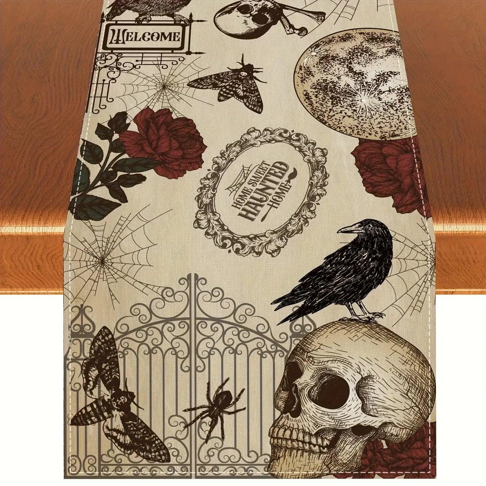 Black Raven Vintage Table Runner - Gothic Skull Crow Table Runner for Witch Halloween Decorations-MoonChildWorld