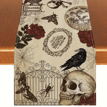 Black Raven Vintage Table Runner - Gothic Skull Crow Table Runner for Witch Halloween Decorations-MoonChildWorld