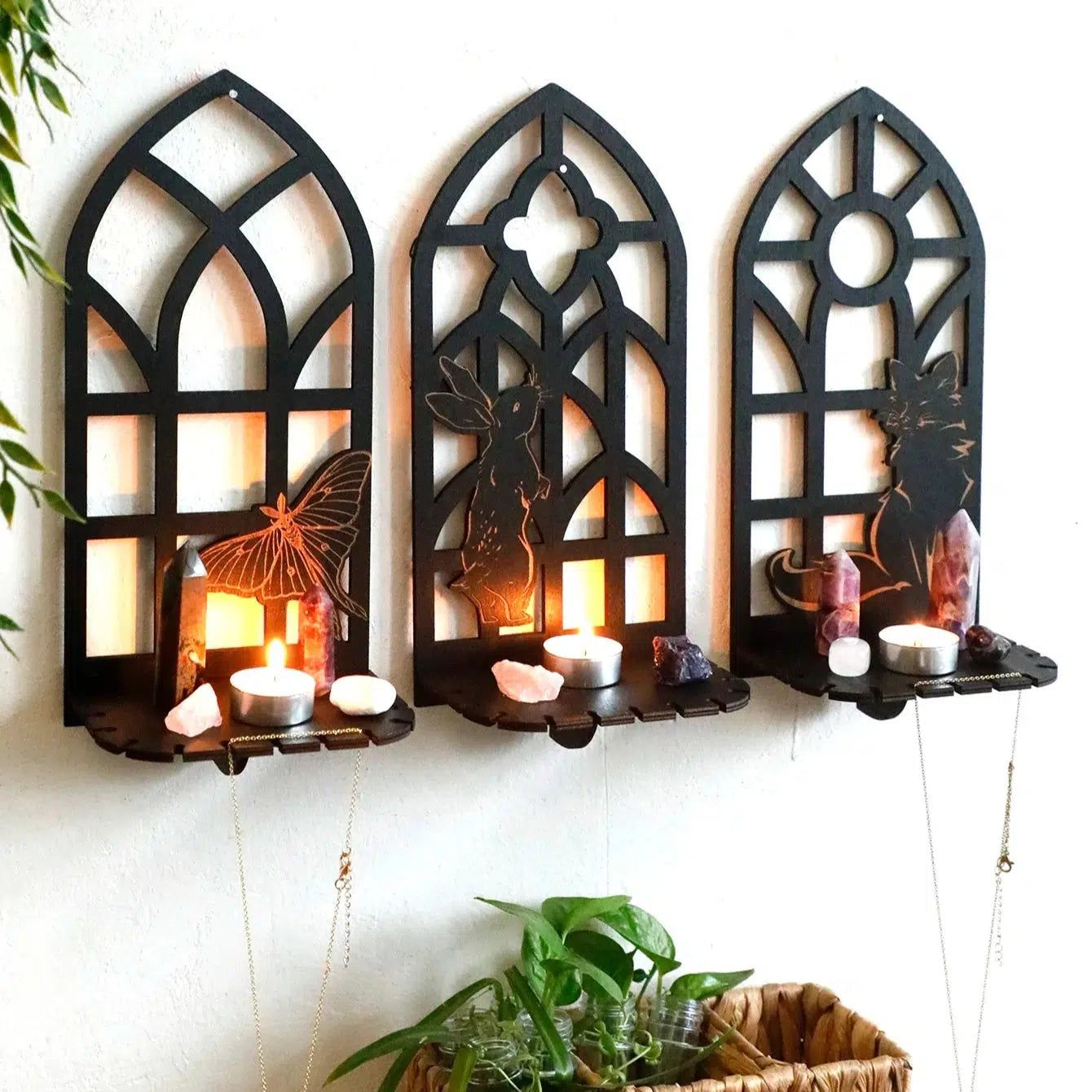 Wicca Wooden Wall Shelves Gothic Crystal Shelves with Tea Light Candle Holders Spiritual Home Decor-MoonChildWorld