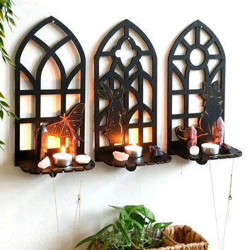 Wicca Wooden Wall Shelves Gothic Crystal Shelves with Tea Light Candle Holders Spiritual Home Decor