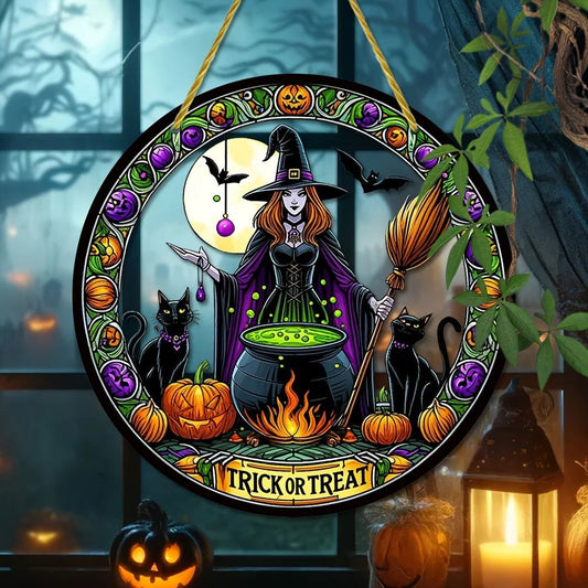 Trick or Treat Gothic Witch Suncatcher Halloween Acrylic Round Sign