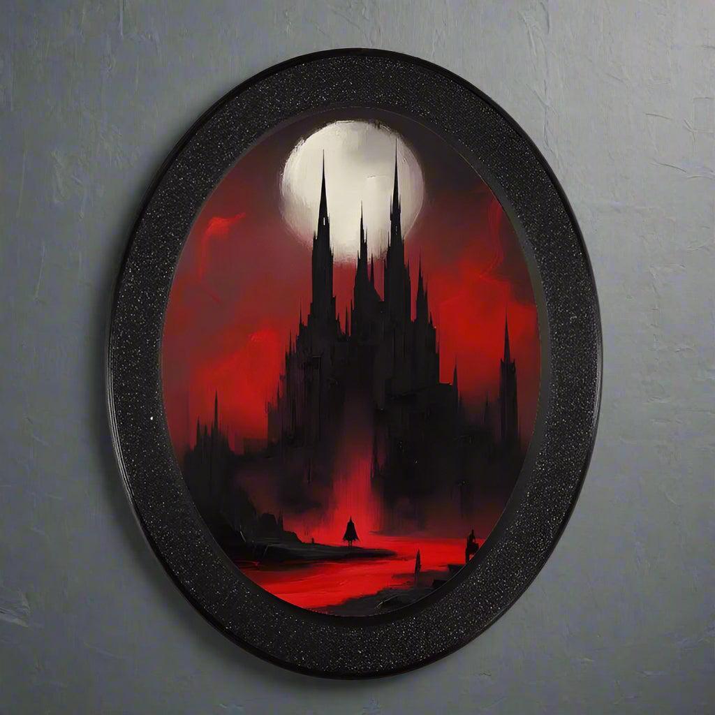 Gothic Oval Frame - Bloody Moon Castle with Gothic Architecture in Red and Durable Plastic Frame for Halloween-MoonChildWorld
