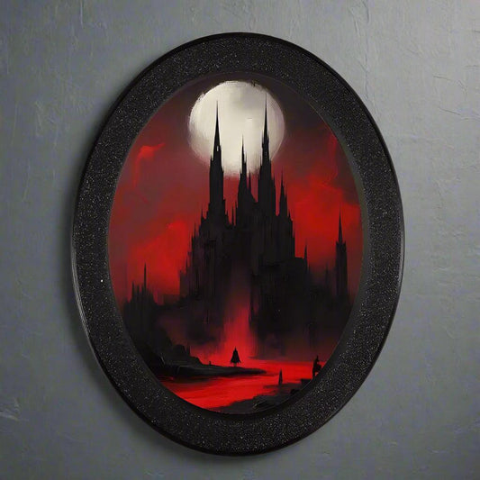 Gothic Oval Frame - Bloody Moon Castle with Gothic Architecture in Red and Durable Plastic Frame for Halloween