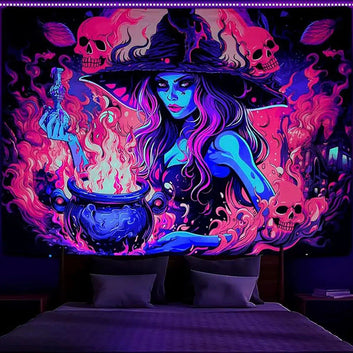 Blacklight Tapestry UV Reactive Skeleton Witch Tapestry Gothic Wall Hanging for Halloween Decor