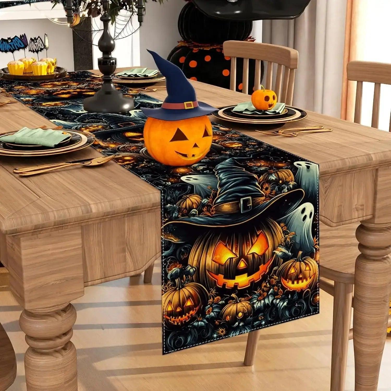 Pumpkins Ghost Linen Halloween Table Runner Spooky Table Runner Gothic Witch Home Decor-MoonChildWorld