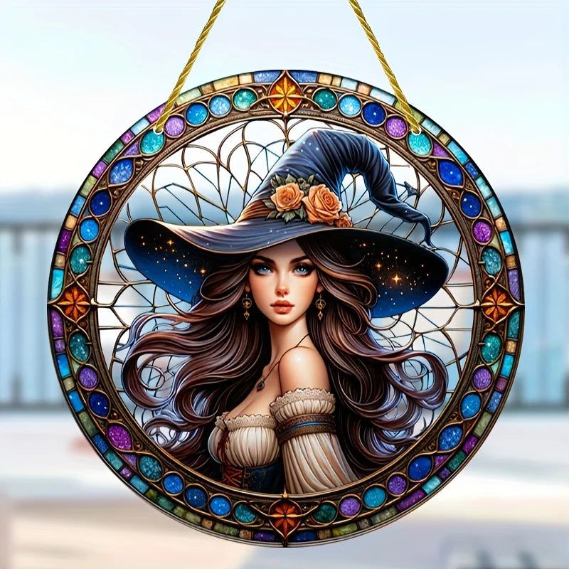 Beautiful Witch Suncatcher Enchanting Acrylic Round Sign Mystic Decor-MoonChildWorld