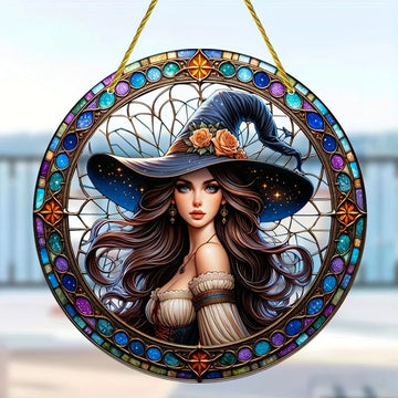 Beautiful Witch Suncatcher Enchanting Acrylic Round Sign Mystic Decor-MoonChildWorld