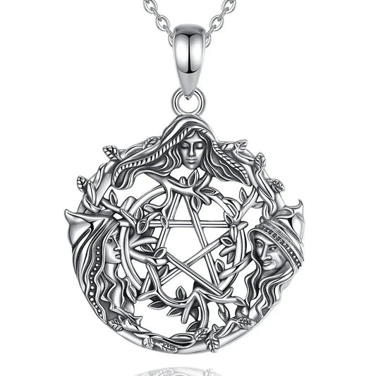 925 Sterling Silver Triple Moon Goddess Pentagram Wicca PaganNecklace Spiritual Jewelry
