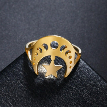 Star Crescent Moon Phase Ring Wiccan Jewelry-MoonChildWorld