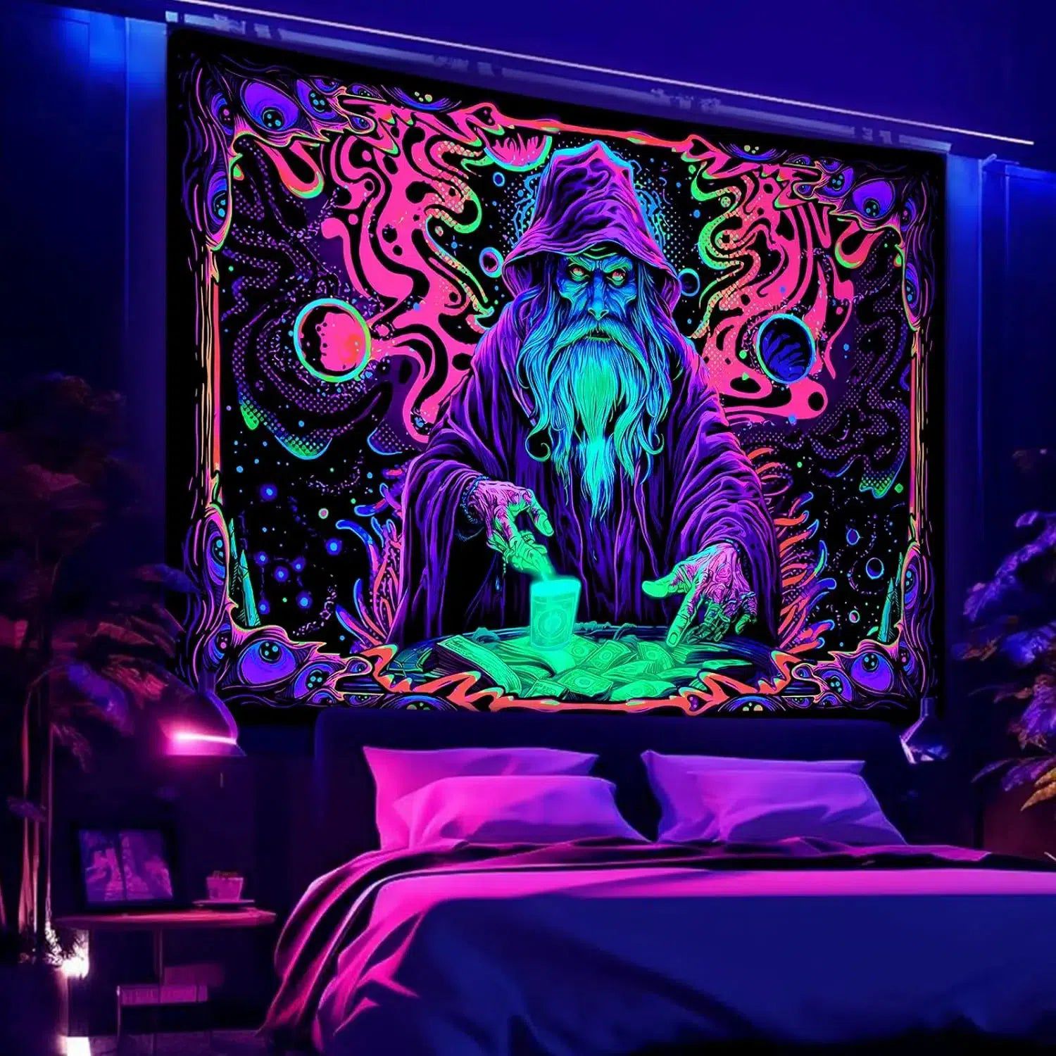 Blacklight Tapestry Wizard Tapestry UV Reactive Neon Tapestry-MoonChildWorld