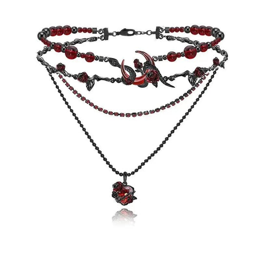 Red Crystal Heart and Snake Moon Gothic Choker Witchy Necklace