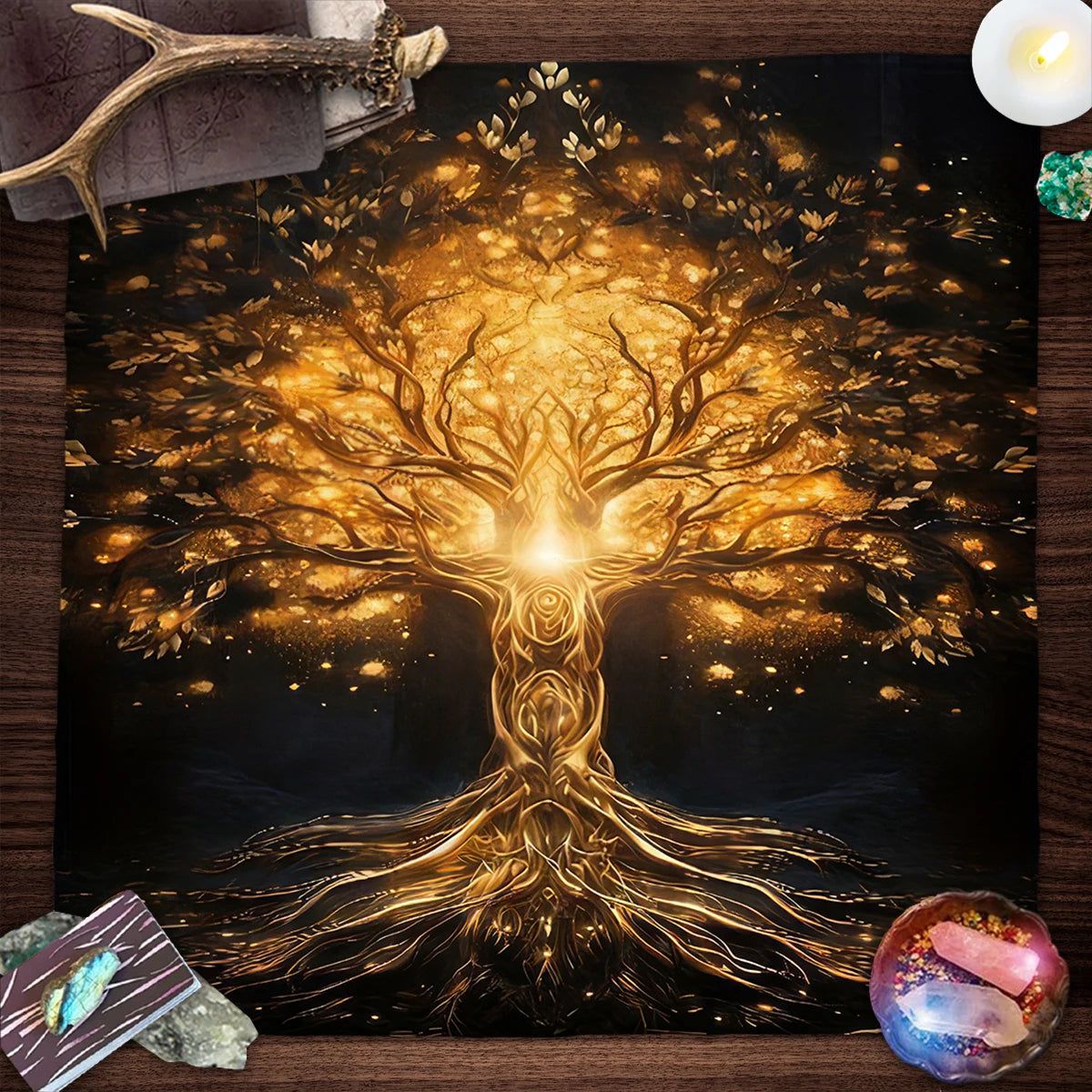 Golden Tree of Life Tarot Card Tablecloth Wicca Altar Cloths Divination Tarot Table Cloth-MoonChildWorld