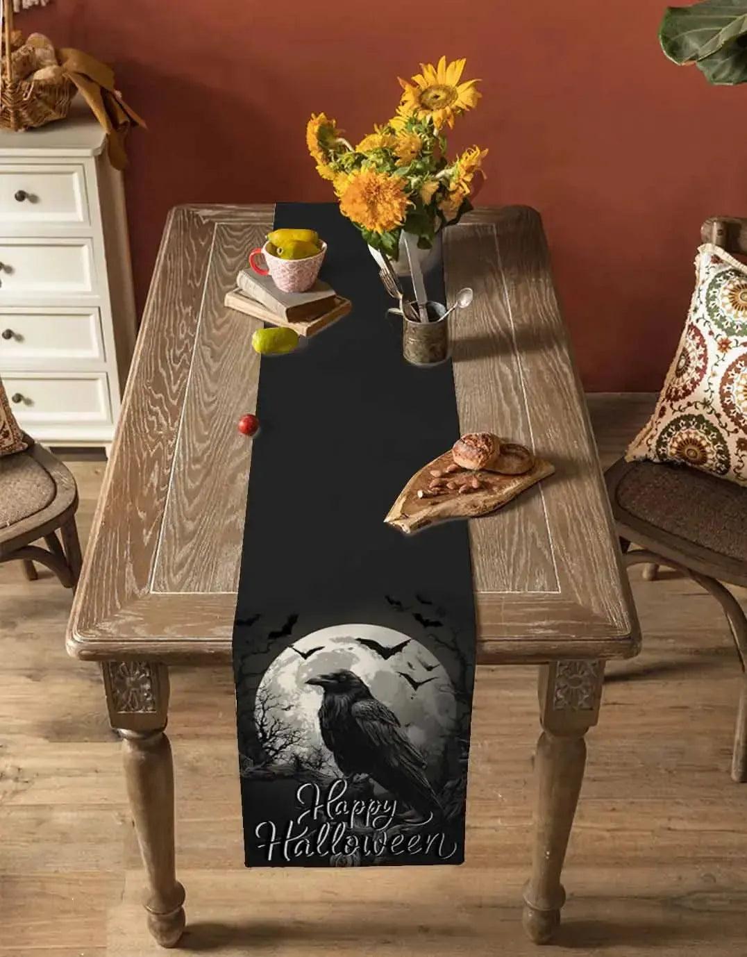 Moon Crow Gothic Table Runner for Halloween Table Decor - Witchy Raven Table Runner-MoonChildWorld