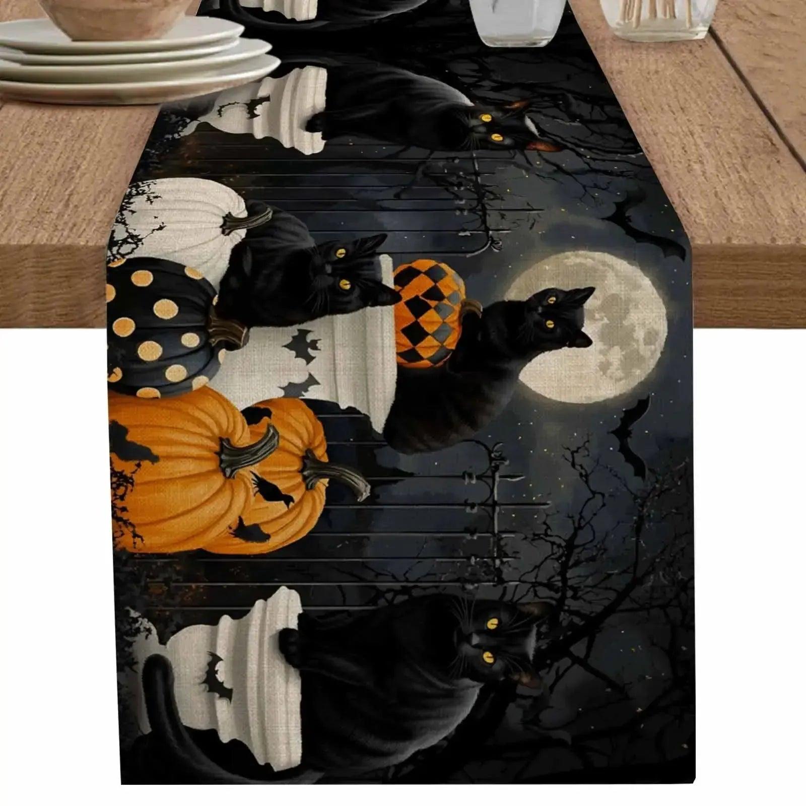 Vintage Pumpkin Black Cat Halloween Table Runner - Spooky Table Runner for Witchy Table Decor-MoonChildWorld