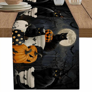 Vintage Pumpkin Black Cat Halloween Table Runner - Spooky Table Runner for Witchy Table Decor-MoonChildWorld