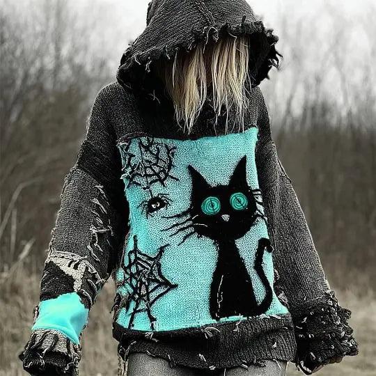Gothic Halloween Oversized Sweaters Horror Black Cat Sweater O Neck Hooded Pullover-MoonChildWorld