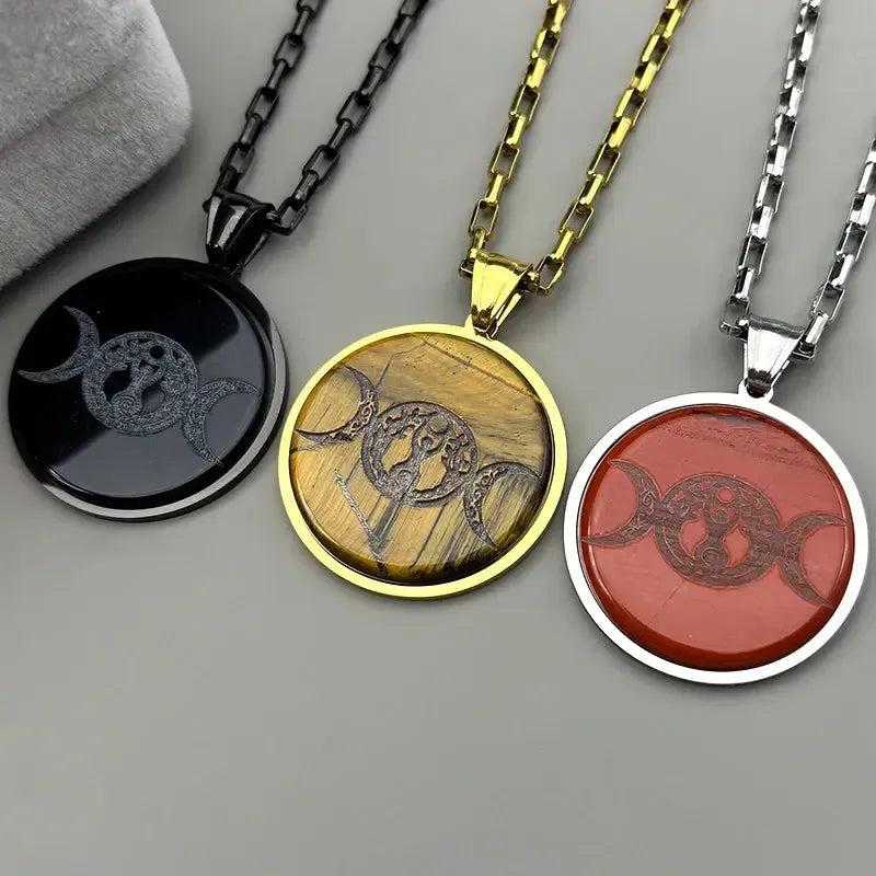 Natural Stones Wicca Triple Moon Necklace - Pagan Triple Goddess Necklace Jewelry-MoonChildWorld