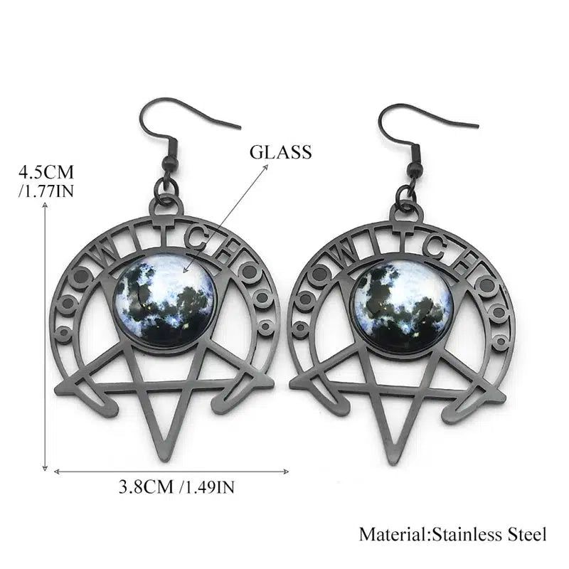 Gothic Earrings Witch Moon Dark Magic Inverted Pentacle Earrings-MoonChildWorld