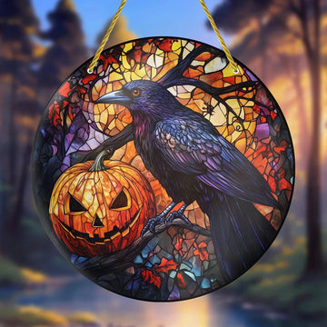 Gothic Crow Window Art Pumpkin Raven Suncatcher Halloween Hanging Ornament-MoonChildWorld