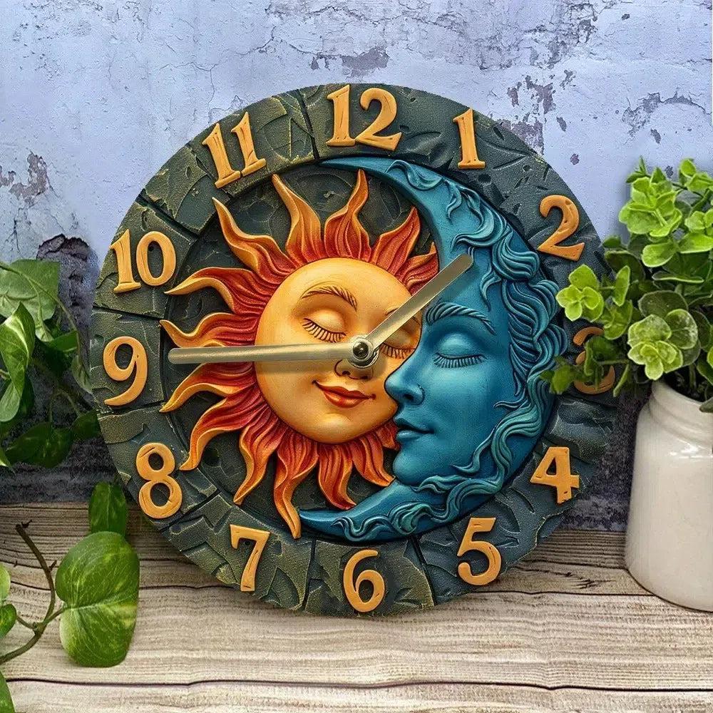 Wooden wall clock with sun and moon patterns for Pagan home decor-MoonChildWorld