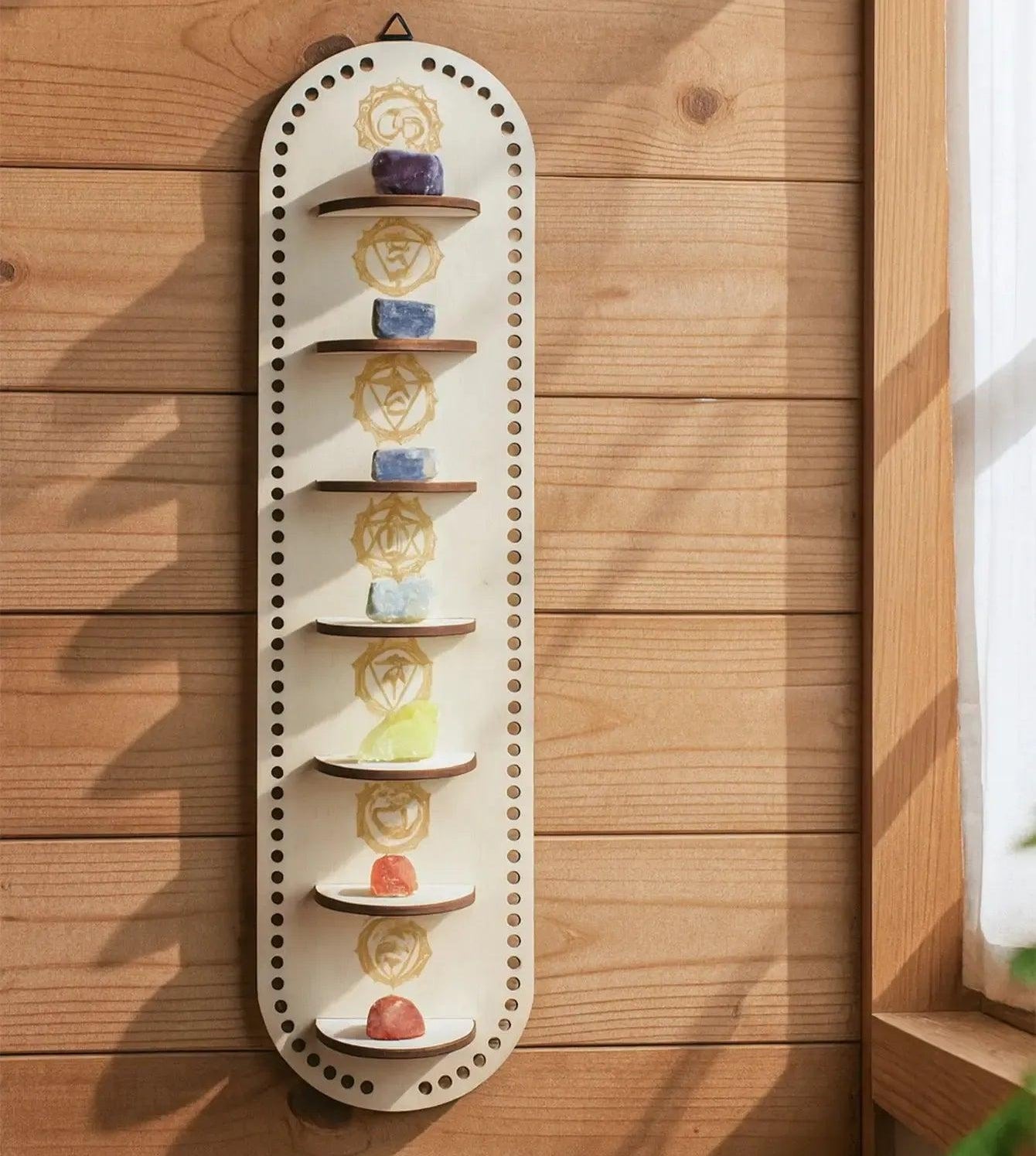 Moon Phase & Chakra Crystal Wall Shelf Wooden Hanging Display for Healing Stones Wicca Home Decor Wall Hanging-MoonChildWorld