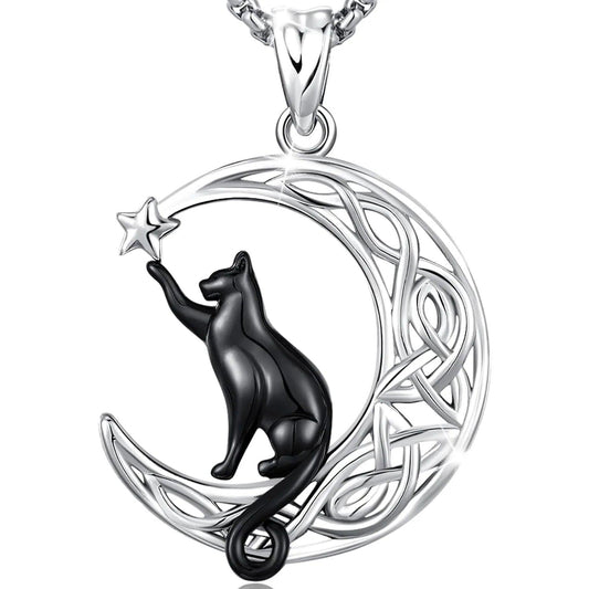 Witchy Black Cat Necklace 925 Sterling Silver Crescent Moon Cat Necklace Witch Jewelry