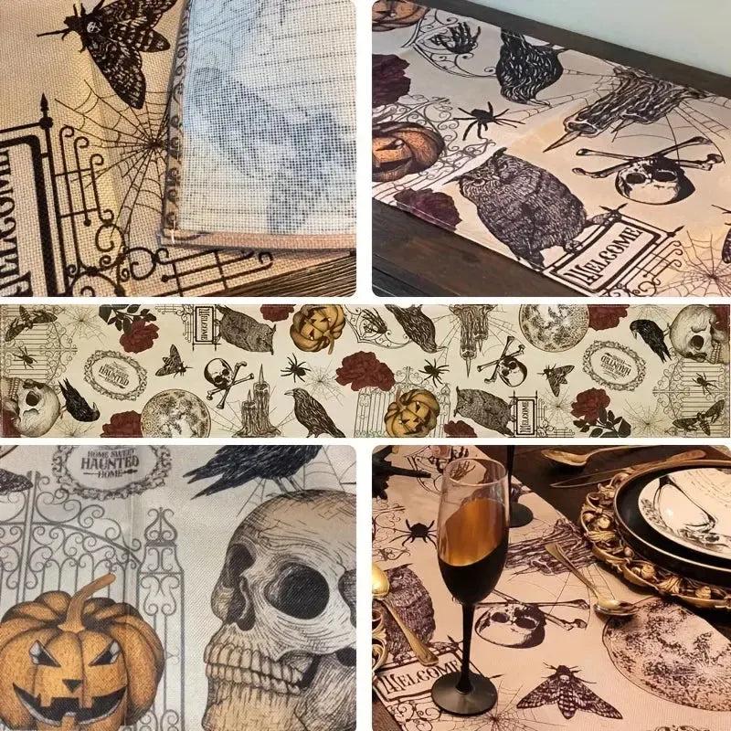 Black Raven Vintage Table Runner - Gothic Skull Crow Table Runner for Witch Halloween Decorations-MoonChildWorld