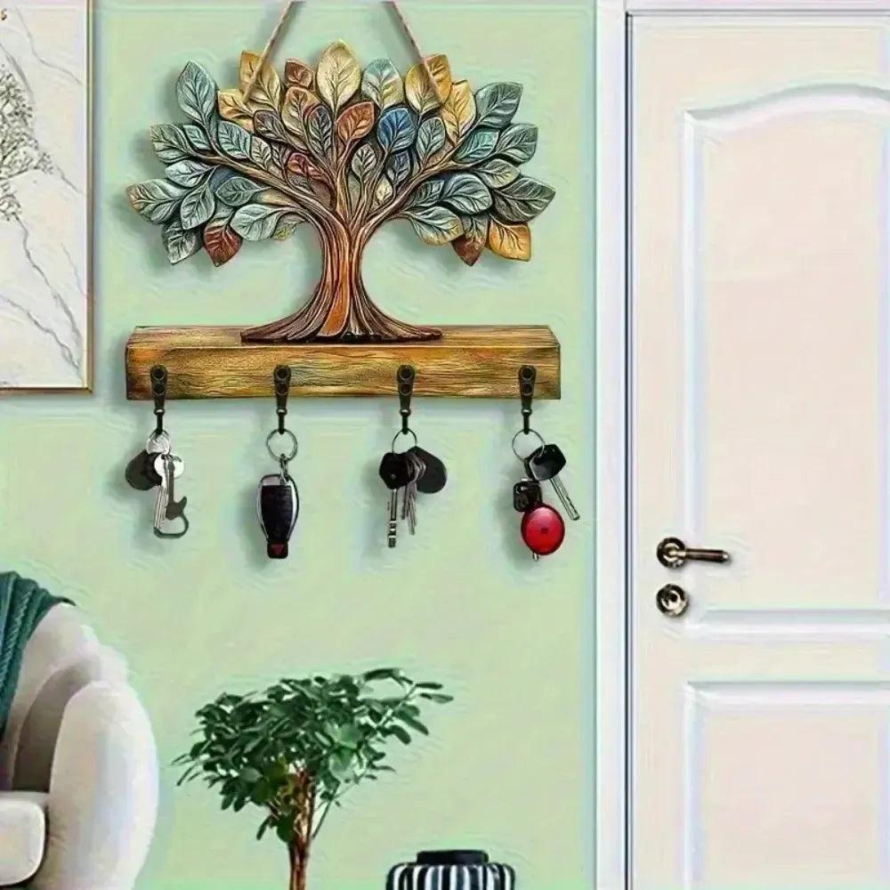 2D Spirit Tree of Life Wooden Key Holder with Four Metal Hooks Pagan Home Decor-MoonChildWorld