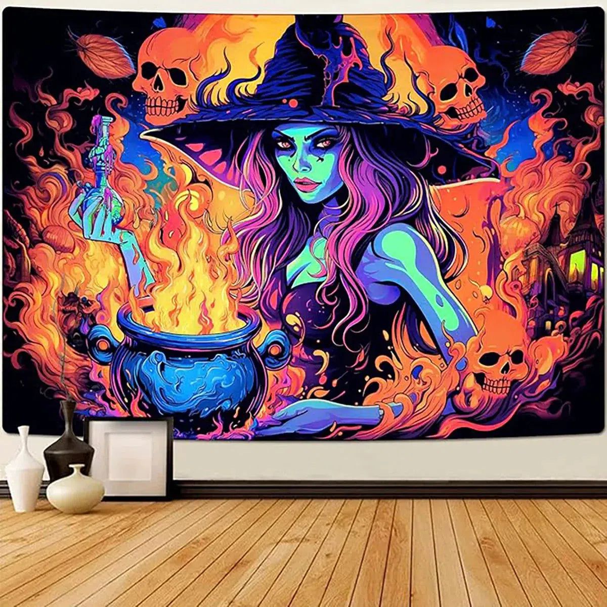 Blacklight Tapestry UV Reactive Skeleton Witch Tapestry Gothic Wall Hanging for Halloween Decor-MoonChildWorld