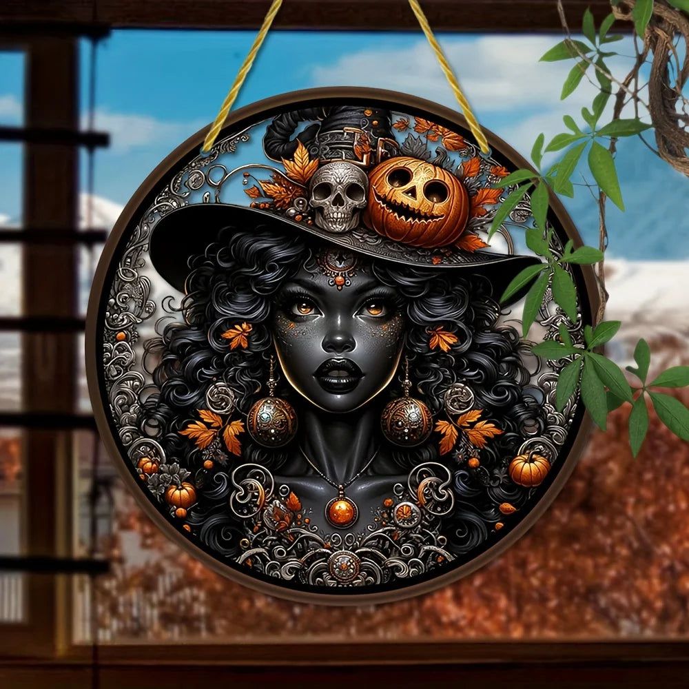 Black Witch Suncatcher Gothic Acrylic Round Sign Halloween Home Decor-MoonChildWorld