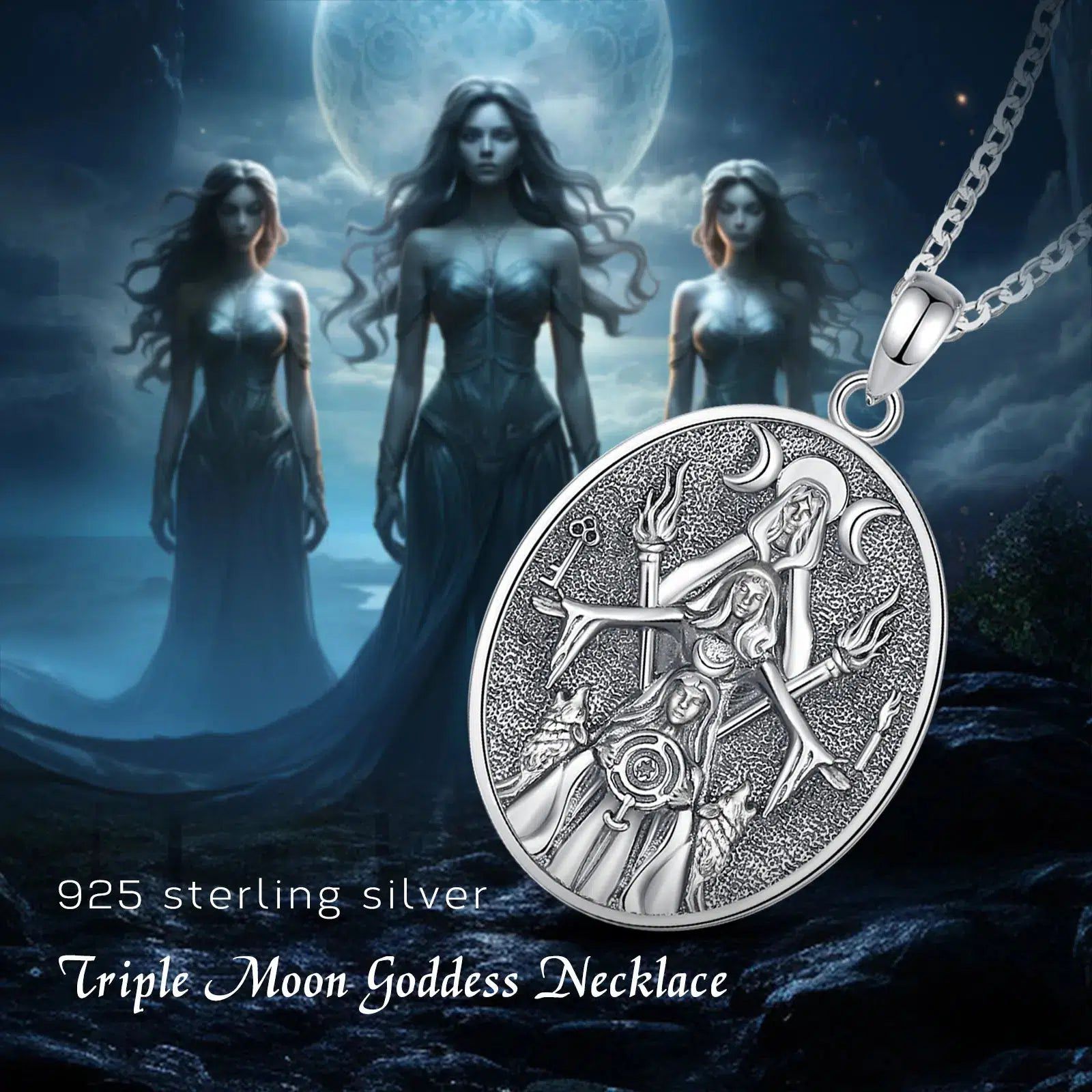 Triple Moon Goddess Necklace Hecate Amulet Pendant Triple Goddess Jewelry-MoonChildWorld