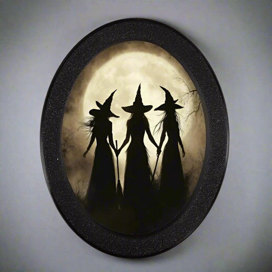 Halloween Witch Silhouette Wall Art - Moon Witch Wooden Oval Frame - Gothic Wall Decoration