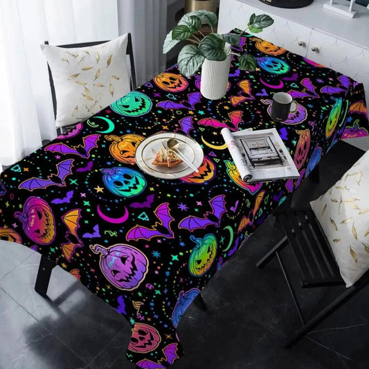 Colorful Rainbow Bat Pumpkin Halloween Tablecloth Witchy Table Decor