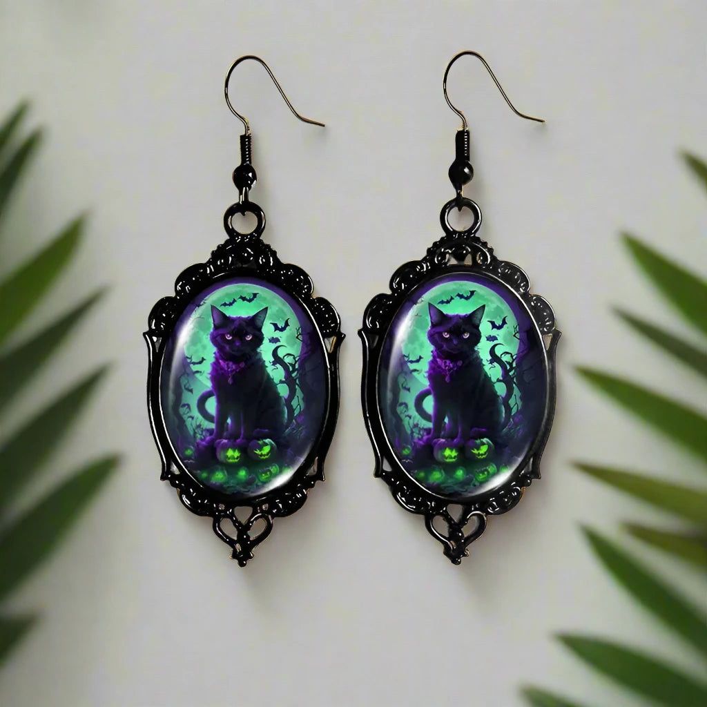 Gothic Cat Earrings Halloween Witch Black Cat Earrings-MoonChildWorld