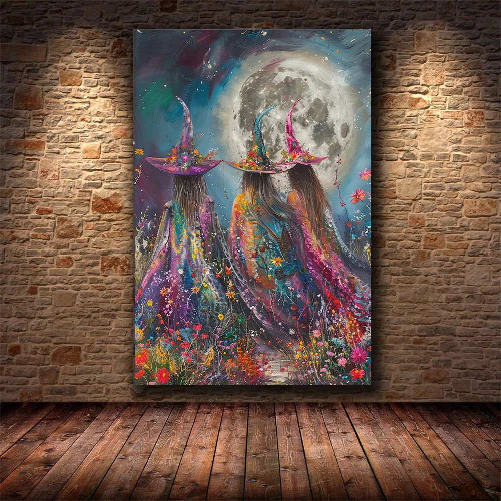 Halloween Full Moon Dark Witch in Wildflowers Mystical Witch Poster Wall Art-MoonChildWorld