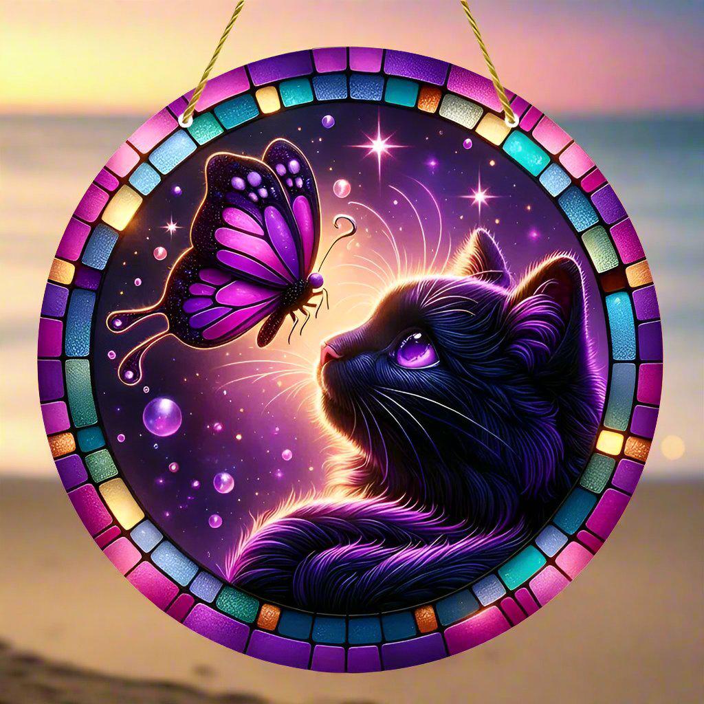 Butterfly Black Cat Suncatcher Magician Cat Window Decor Witchy Window Hanging-MoonChildWorld