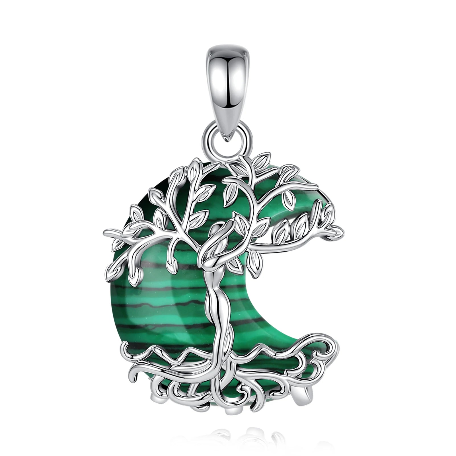 Close-up of silver Tree of Life crescent moon pendant with green malachite stone, chain detached