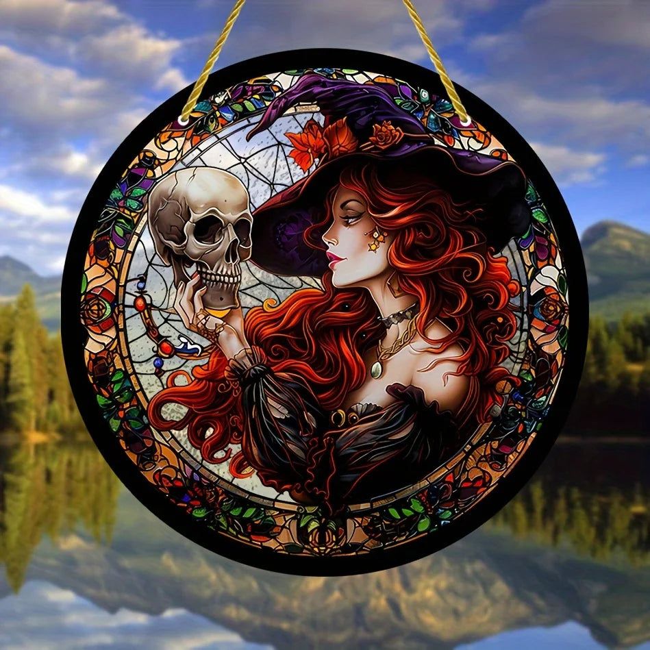 Skull Witch Suncatcher Gothic Acrylic Round Sign Halloween Home Decor-MoonChildWorld