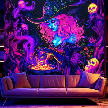 Dark Night Magic Halloween Witch Fluorescent Tapestry Blacklight Tapestry Wizard Tapestry UV Reactive Neon Tapestry
