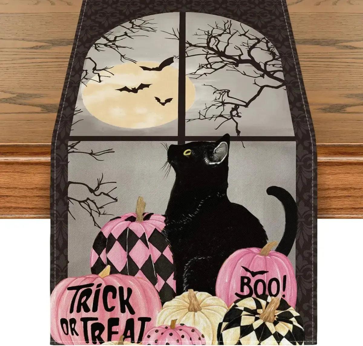 Gothic Black Cat Pumpkins Halloween Linen Table Runners - Trick or Treat Spooky Table Decor for Halloween-MoonChildWorld