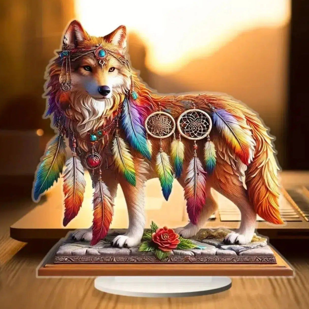 Bohemian Wolf Statue 2D Flat Acrylic Table Ornament Wolf Desktop Decor-MoonChildWorld